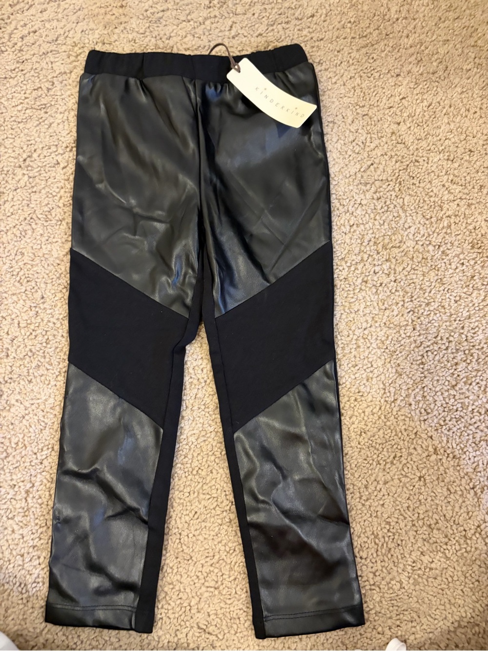 Kids Faux Leather Panel Leggings - Black